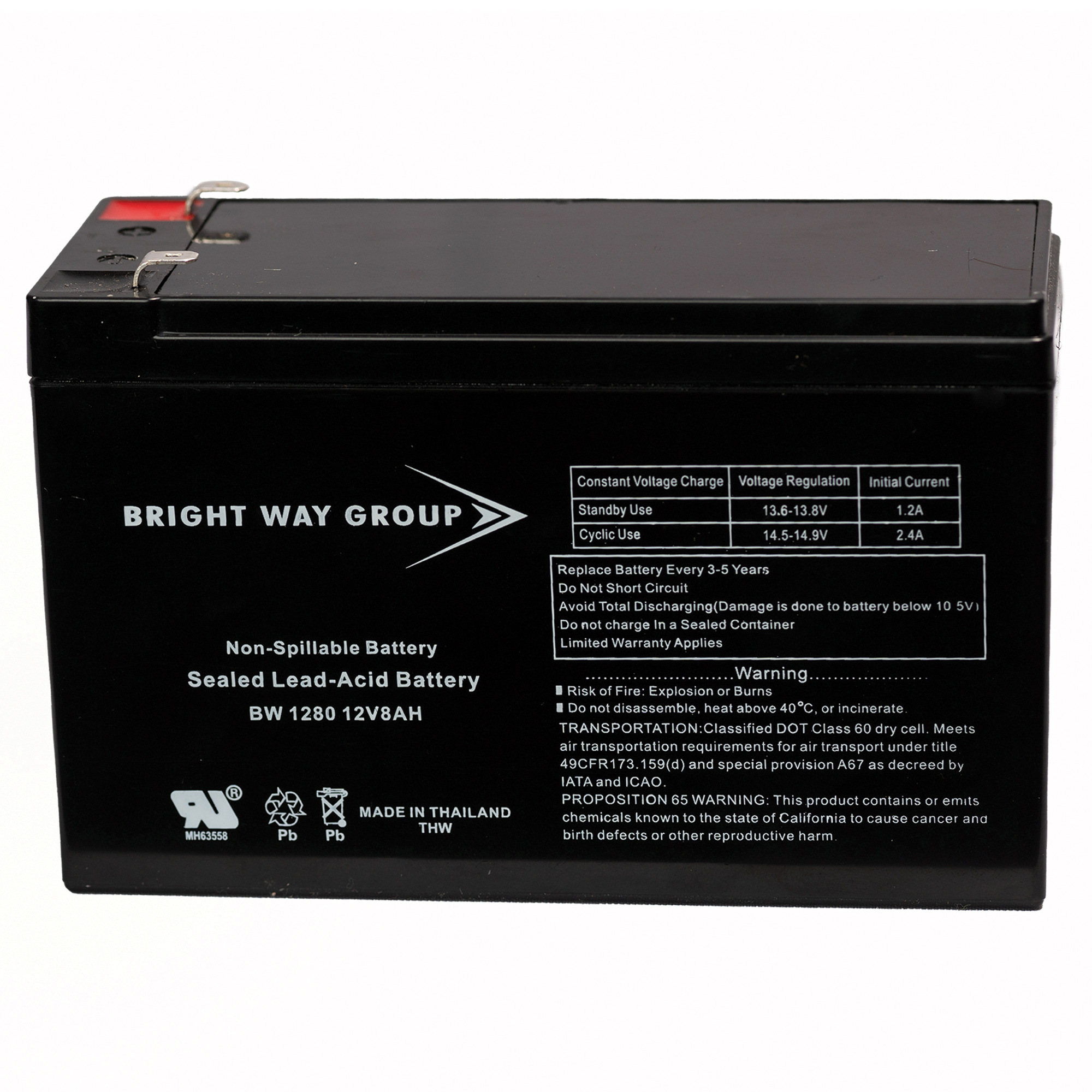 Bright Way Group Sealed Lead Acid Battery — 12V, 8Ah, Non-Spillable, Model# BW 1280 F2